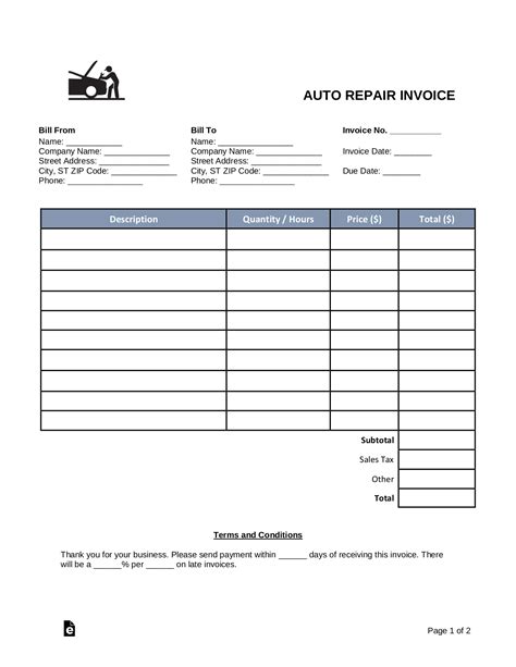 Vehicle Repair Invoice Template