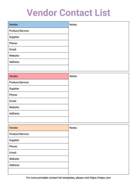 Vendor Contact List Template