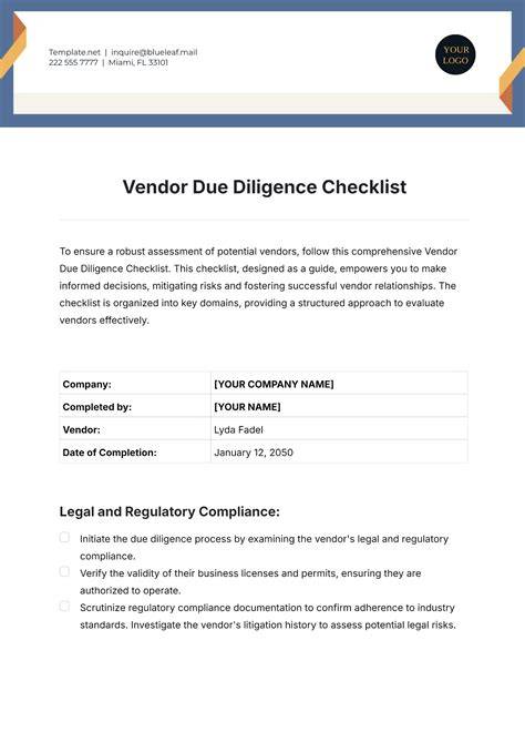 Vendor Due Diligence Checklist Template
