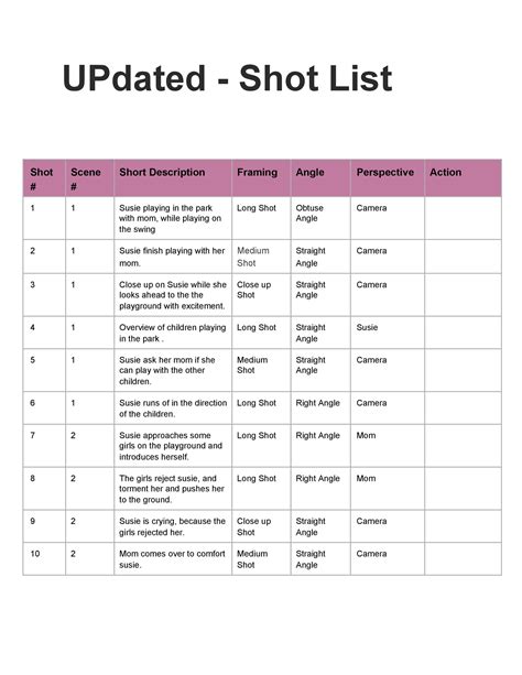 Video Shot List Template