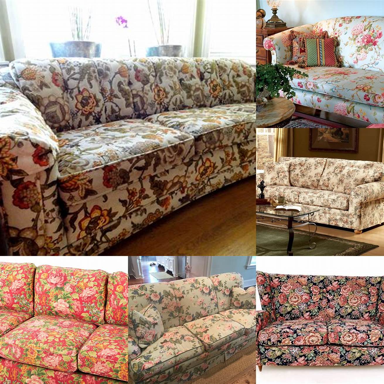 Vintage floral fabric sofa with wood accents