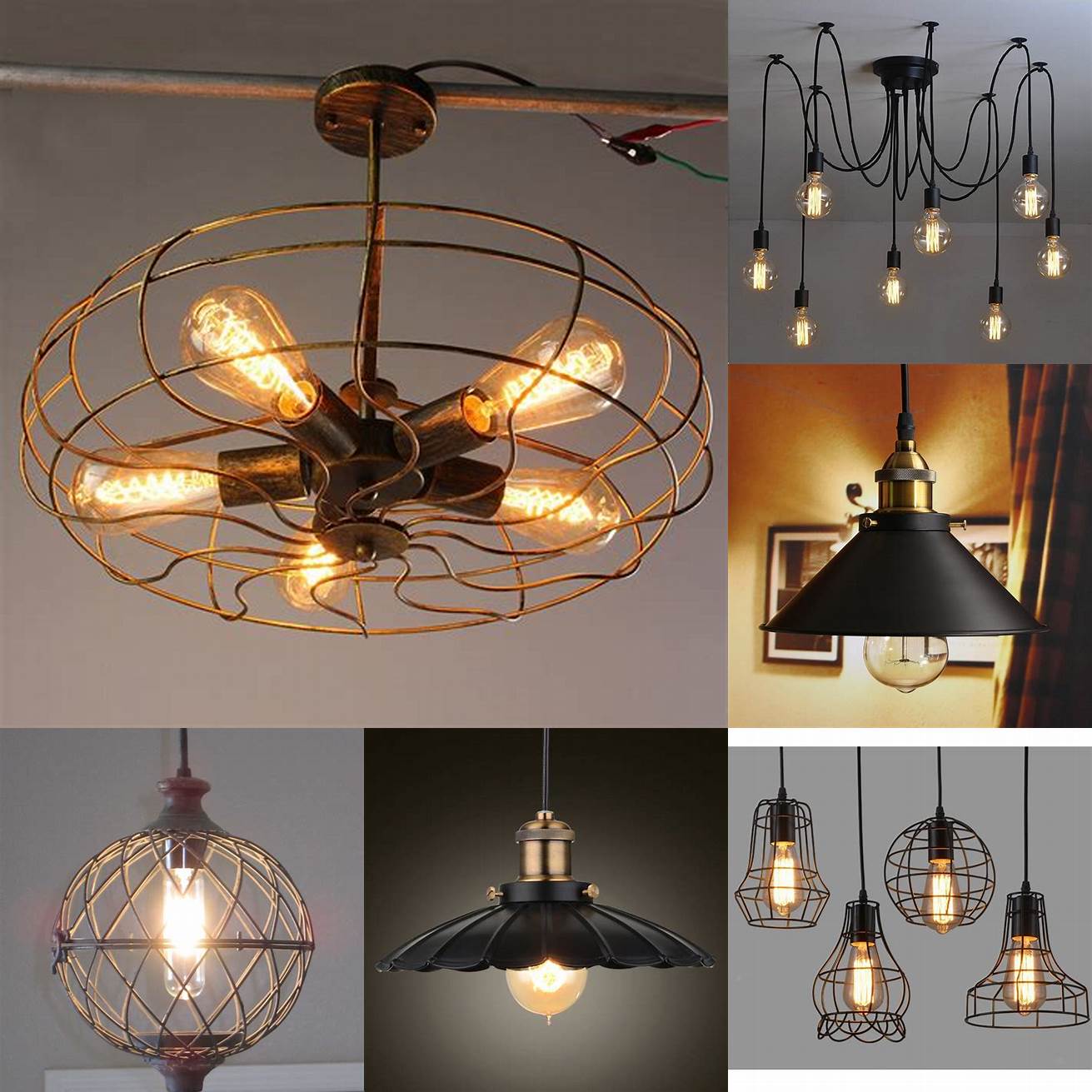 Vintage-inspired metal pendant lights with exposed bulbs