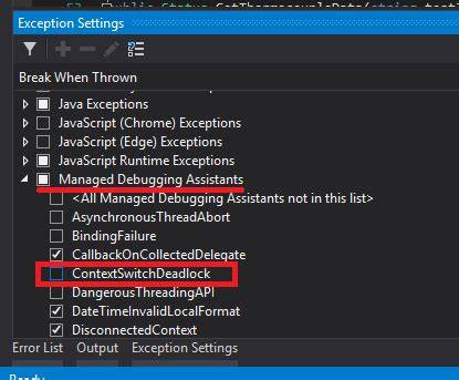 Visual Studio ContextSwitchDeadlock