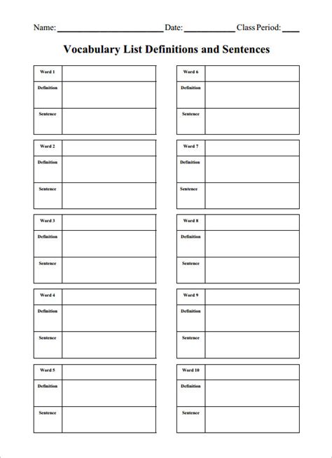 Vocabulary Worksheet Template