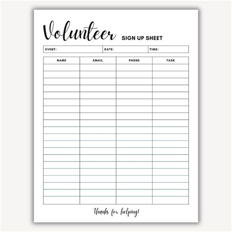 Volunteer Sheet Template