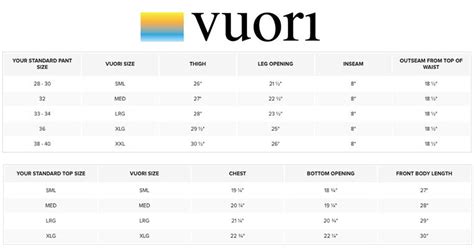 Vuori Size Chart Men