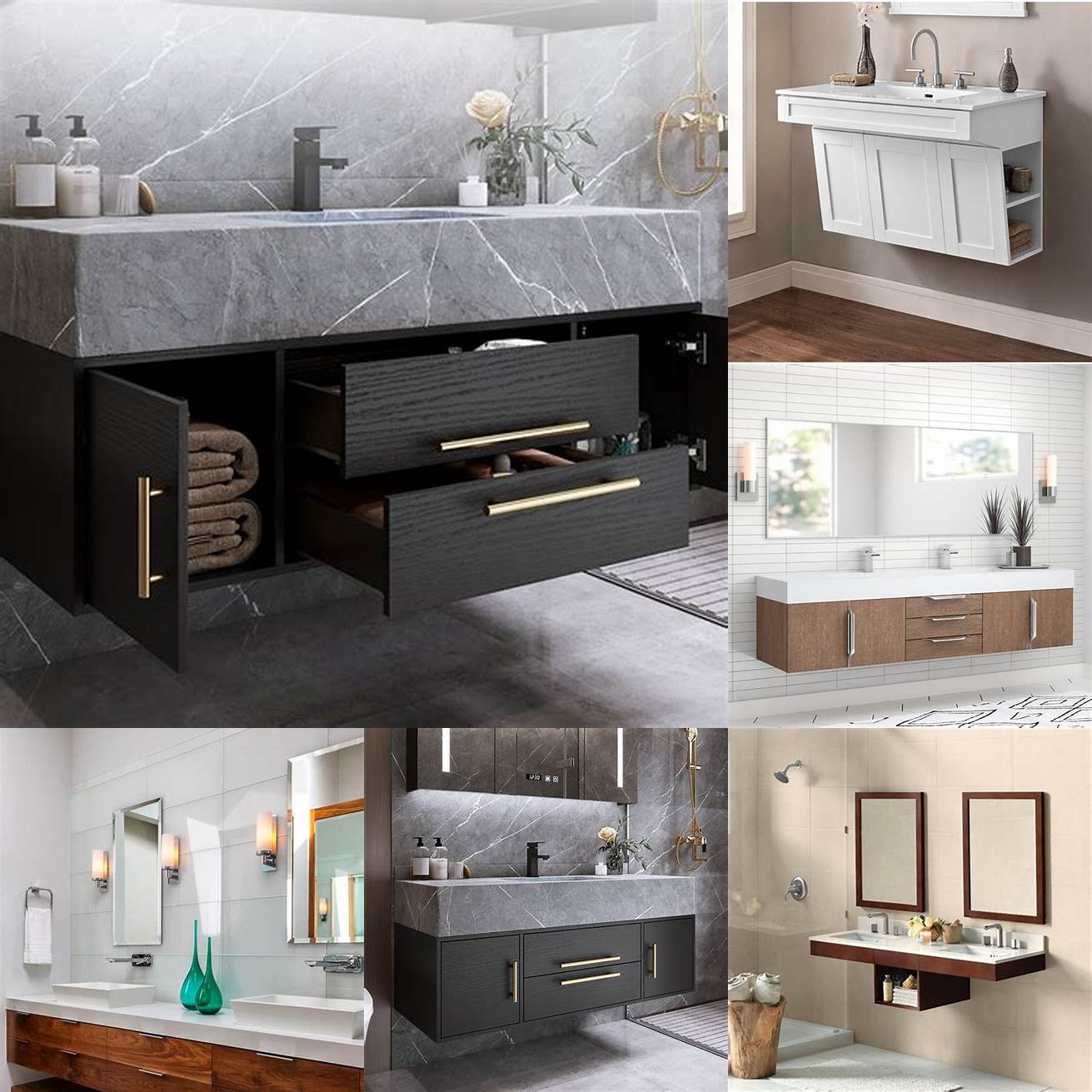 Wall-mounted vanities are attached to the wall freeing up floor space and making your bathroom look bigger They come in different styles and sizes and they can be made of different materials such as wood metal and glass They are easy to install and provide ample storage space However they require professional installation and can be more expensive than other types of vanities