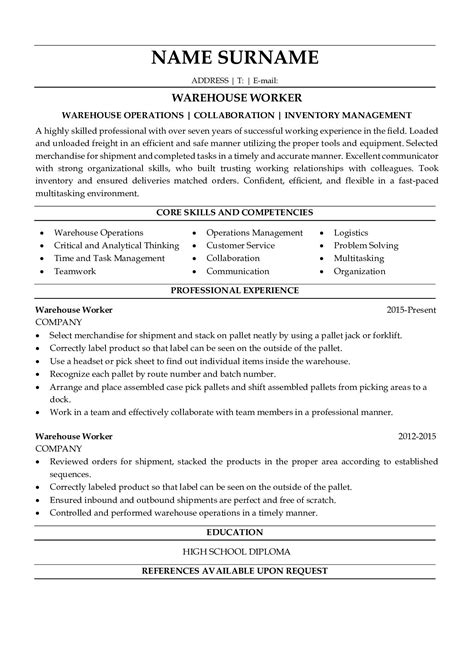 Warehouse Resume Template