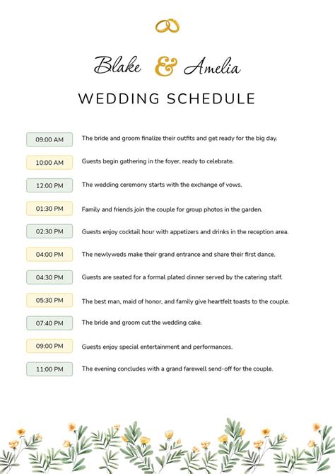 Wedding Ceremony Schedule Template