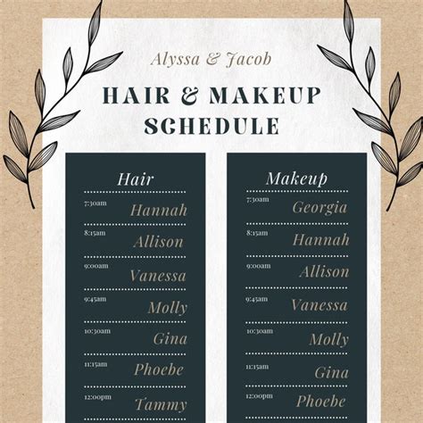 Wedding Hair And Makeup Timeline Template