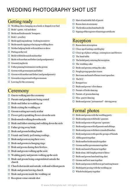 Wedding Photo Shot List Template