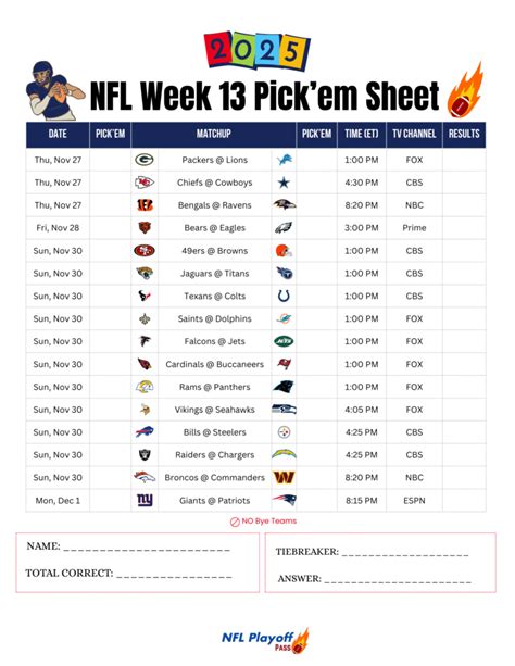 Week 13 Nfl Printable Schedule