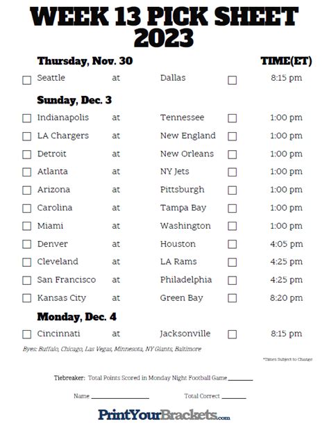 Week 13 Printable Nfl Schedule