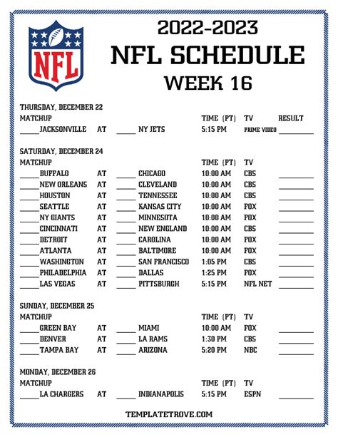 Week 16 Printable Nfl Schedule