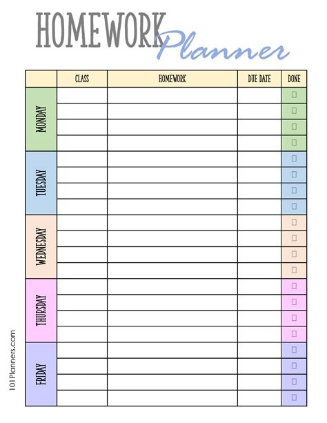 Weekly Homework Planner Template Free