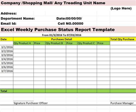 Weekly Report Template Excel