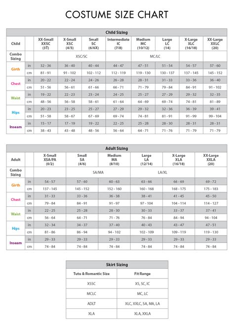 Weissman Costume Size Chart