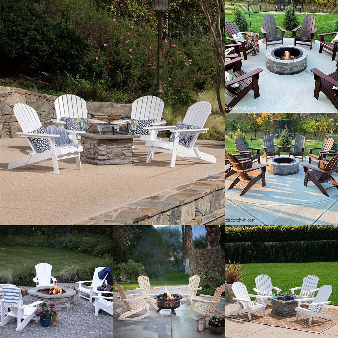 White Adirondack chairs arranged around a fire pit on a patio