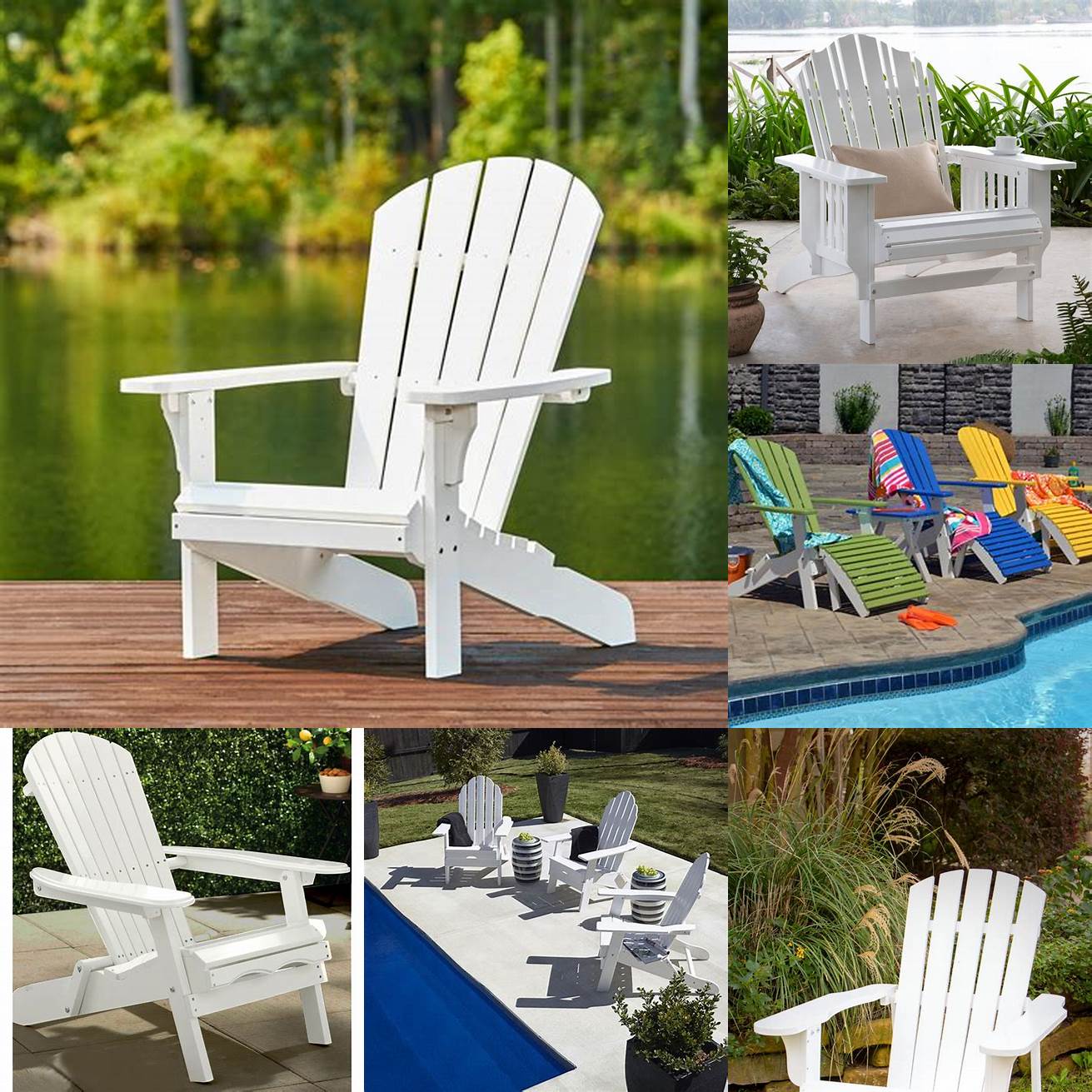 White Adirondack chairs on a pool deck