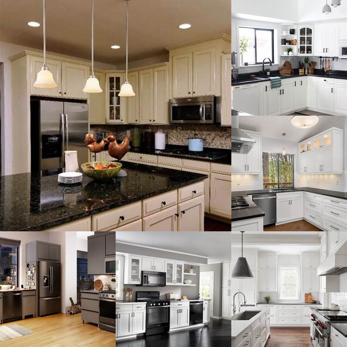 White cabinets with black appliances and lighting fixtures