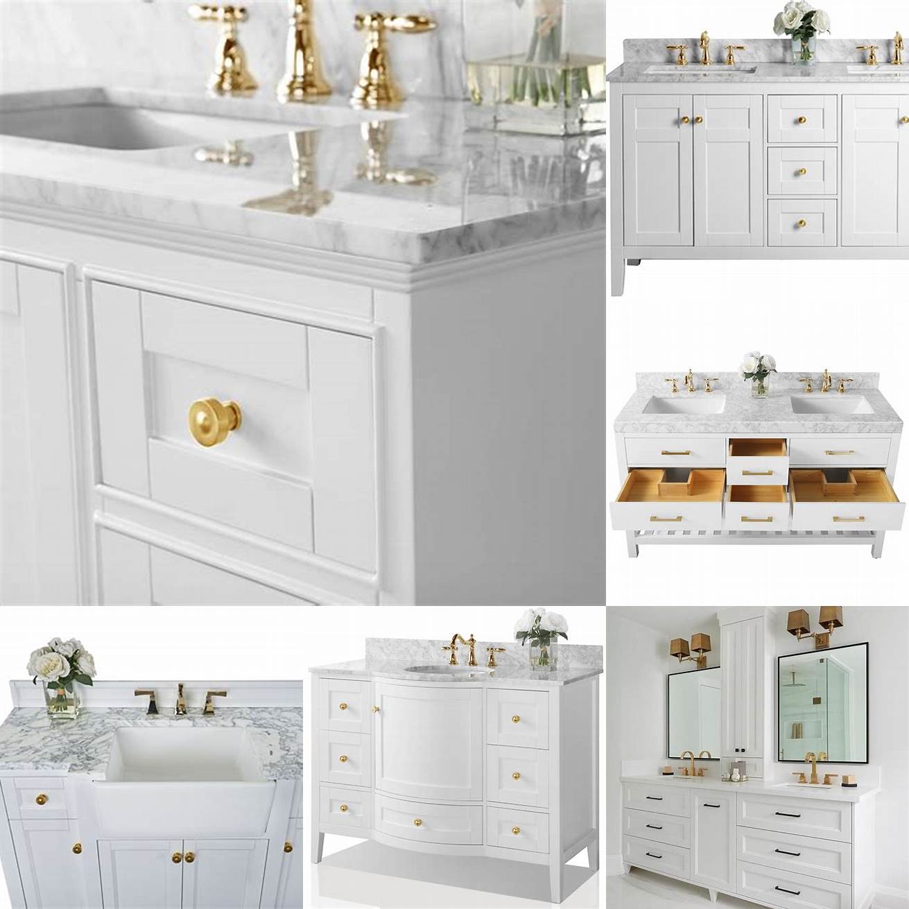 White vanity with gold hardware