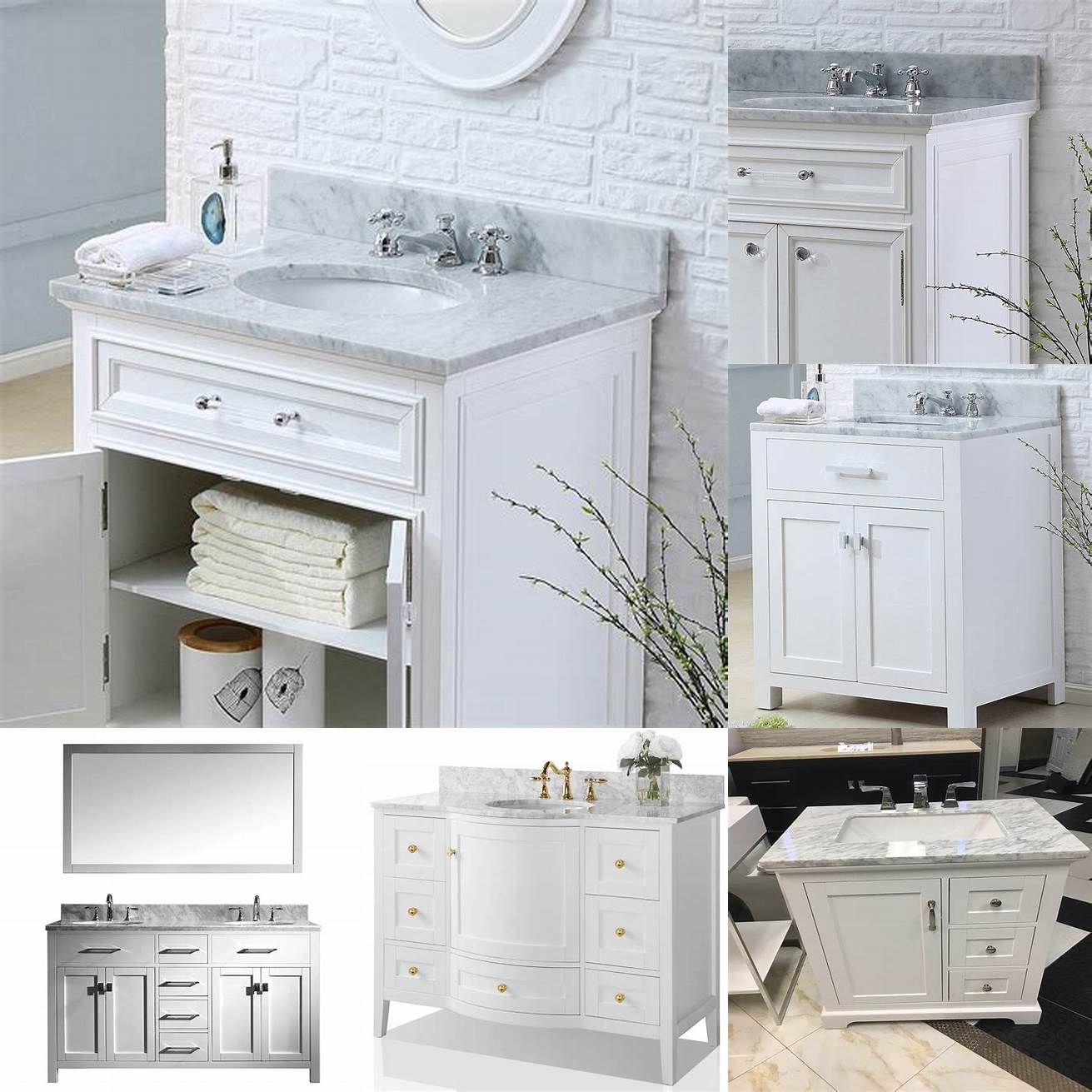 White vanity with marble top and round sink
