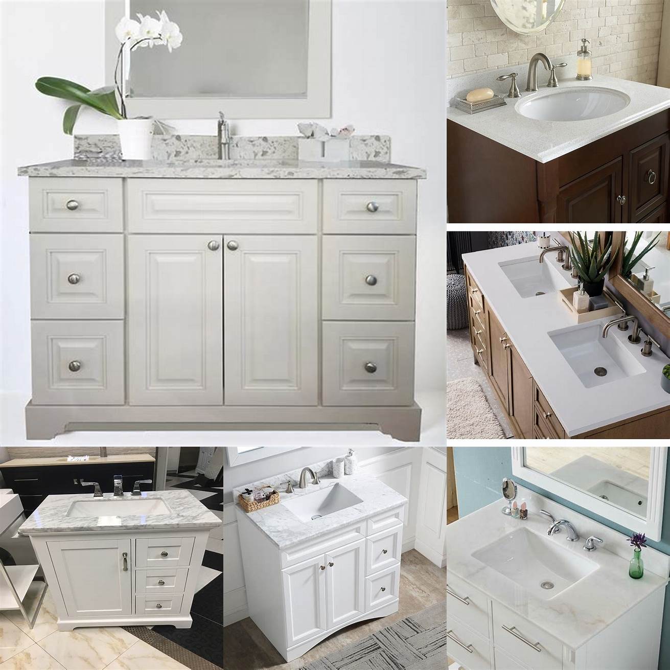 White vanity with quartz top and square sink