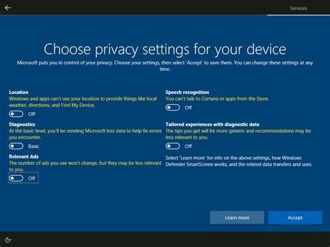 Windows 1.0 Install Privacy Settings