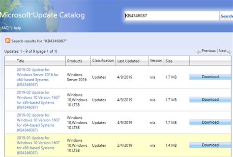 Windows Update Catalog Site
