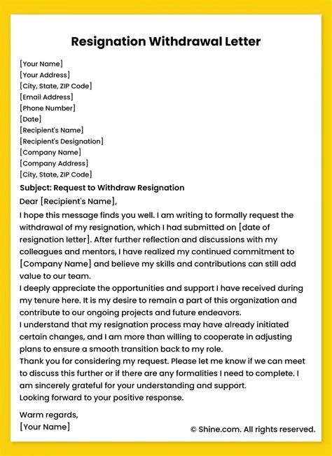 Withdrawal Of Resignation Letter Template