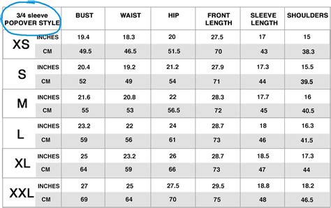 Womens Blouse Size Chart