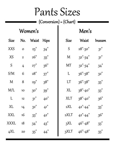 Womens Pant Size Conversion Chart To Mens