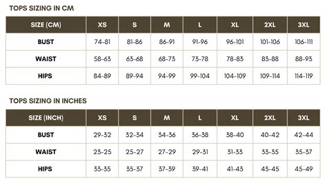 Womens Size Chart Tops