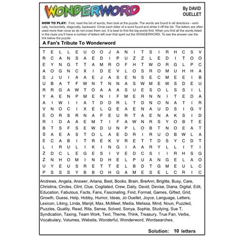 Wonderword Answers Today Printable