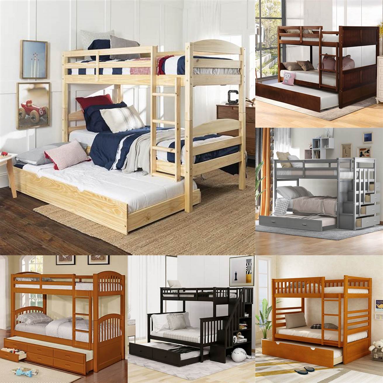 Wooden boys bunk bed with trundle bed