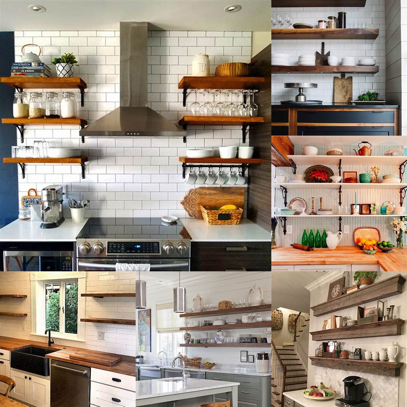 Wooden countertops and open shelving