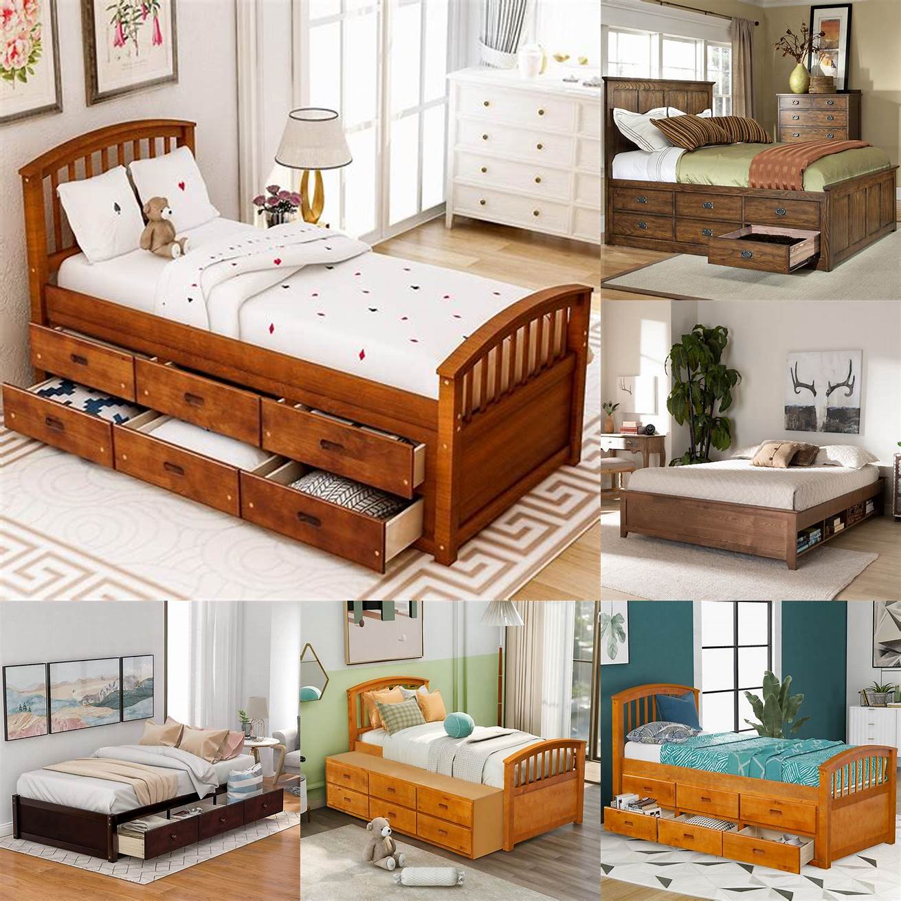 Wooden platform bed with storage drawers