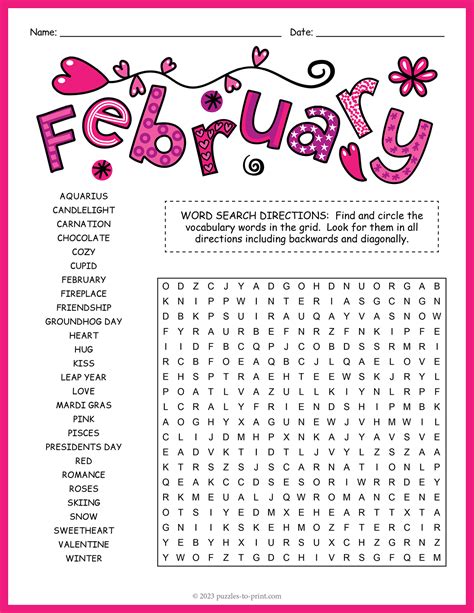 Word Search Printable February