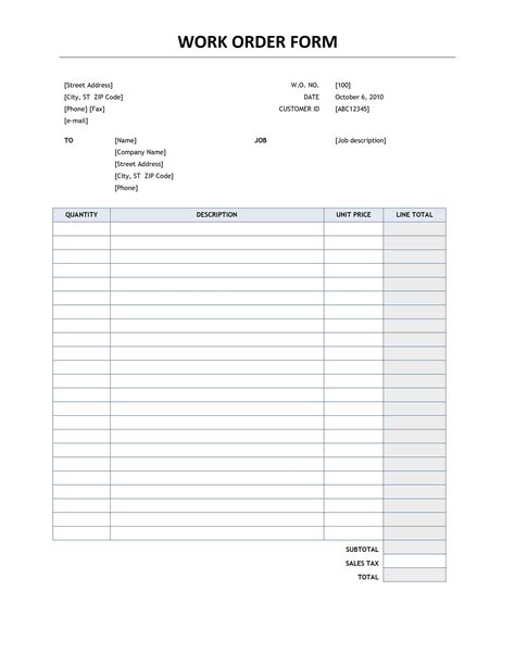 Work Order Sheet Template