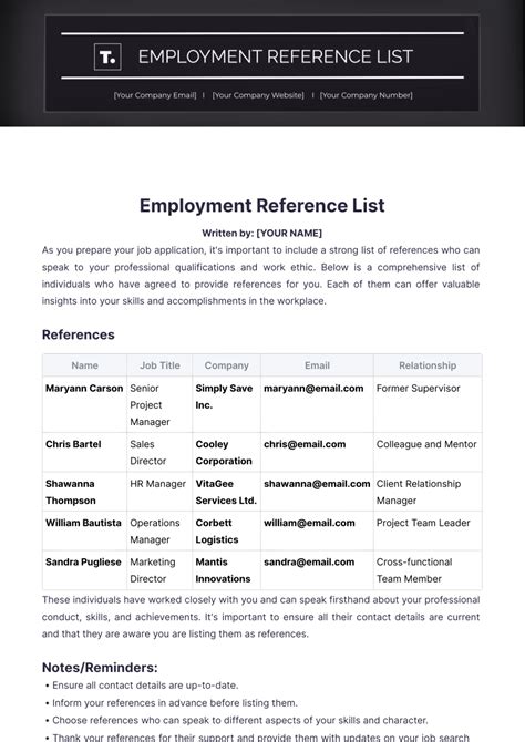 Work Reference List Template