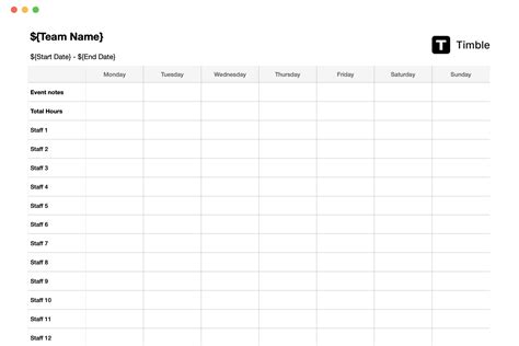 Work Rota Template Free