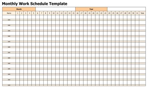 Work Schedule Monthly Template