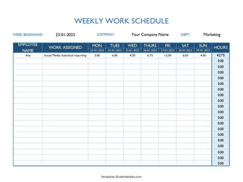 Work Schedule Templates Free