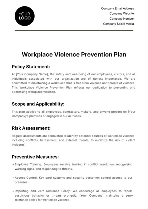 Workplace Violence Prevention Plan Template