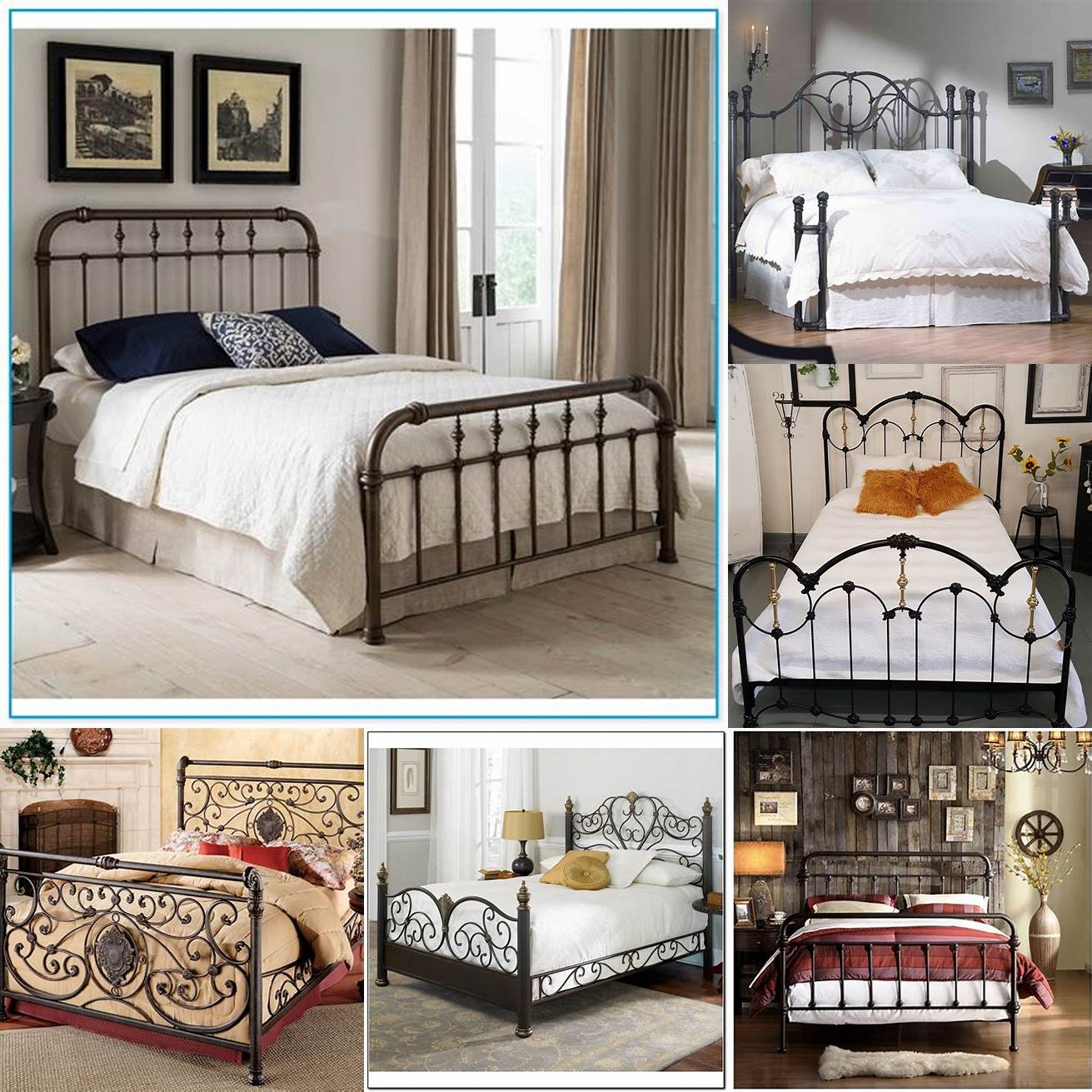 Wrought iron bed frame queen with dark bedding and bold patterns