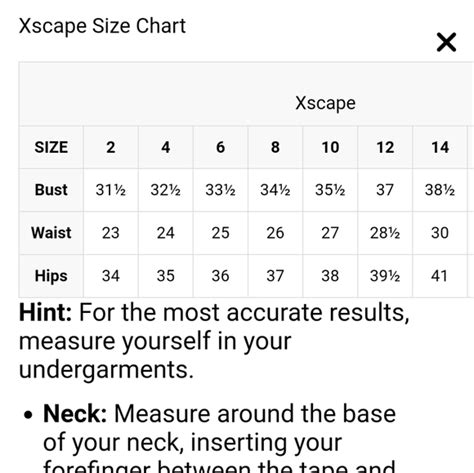 Xscape Dress Size Chart
