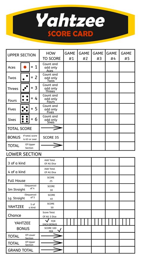 Yahtzee Score Sheet Free Printable