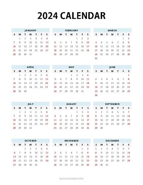 Yearly Calendar Printable Free