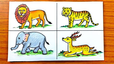animals drawing with colour easy