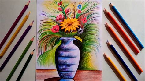 beautiful flower vase drawing with colour